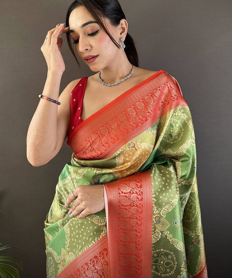 olive soft lichi silk blend olive green rangcut jacquard weave saree with unstitched blouse