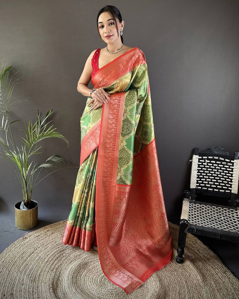 olive soft lichi silk blend olive green rangcut jacquard weave saree with unstitched blouse