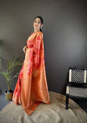 orange soft lichi silk blend blend orange rangcut jacquard weave saree with unstitched blouse 1