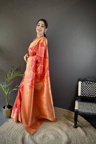 orange soft lichi silk blend orange rangcut jacquard weave saree with unstitched blouse