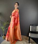 orange soft lichi silk blend orange rangcut jacquard weave saree with unstitched blouse