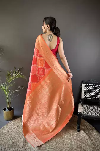 orange soft lichi silk blend orange rangcut jacquard weave saree with unstitched blouse
