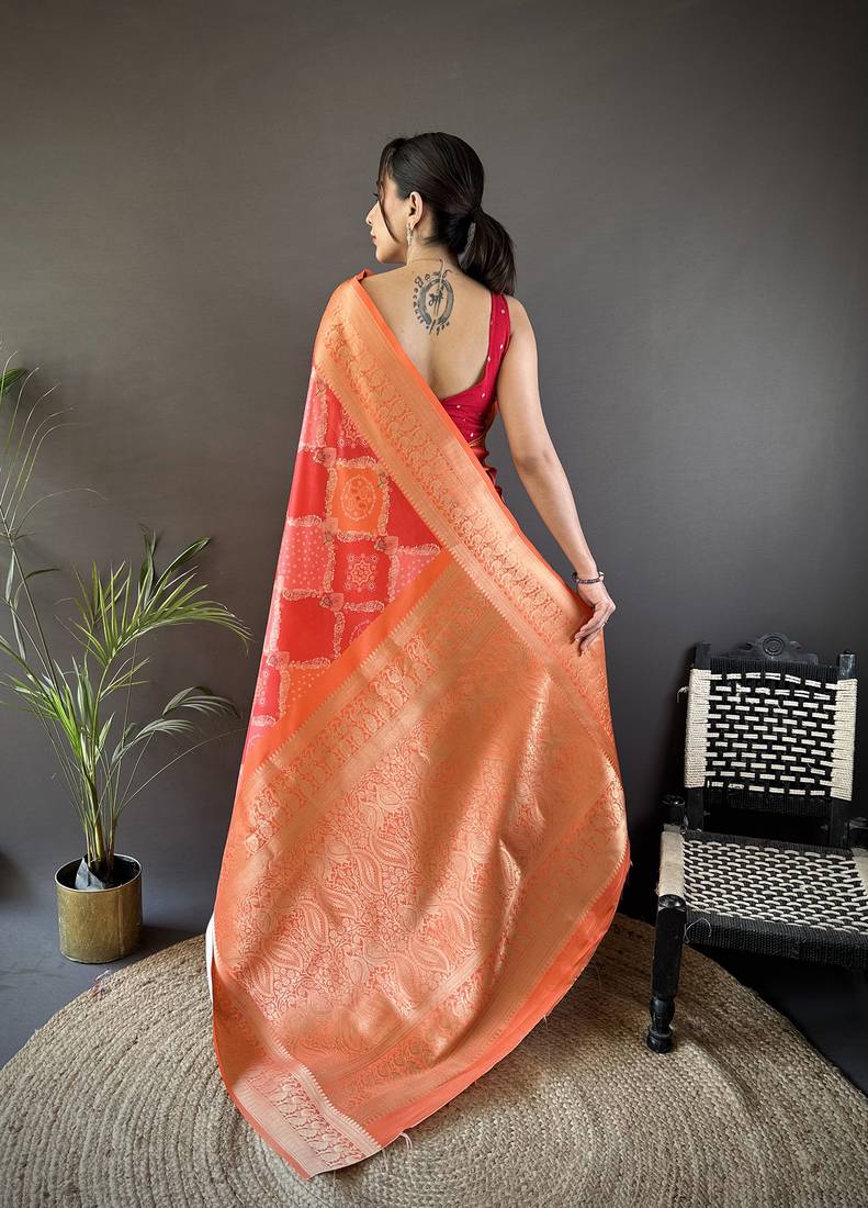 orange soft lichi silk blend orange rangcut jacquard weave saree with unstitched blouse