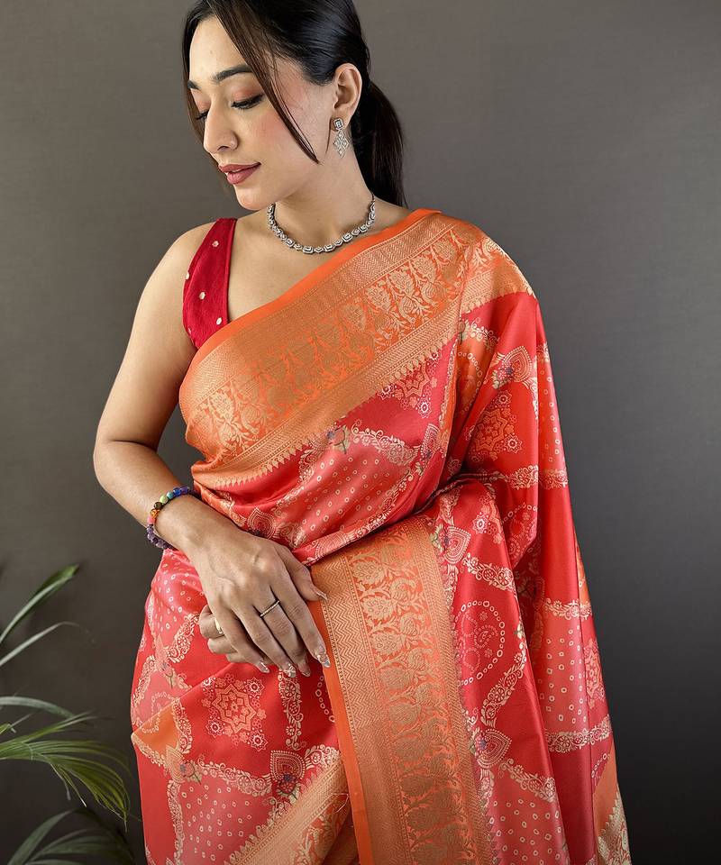 orange soft lichi silk blend orange rangcut jacquard weave saree with unstitched blouse