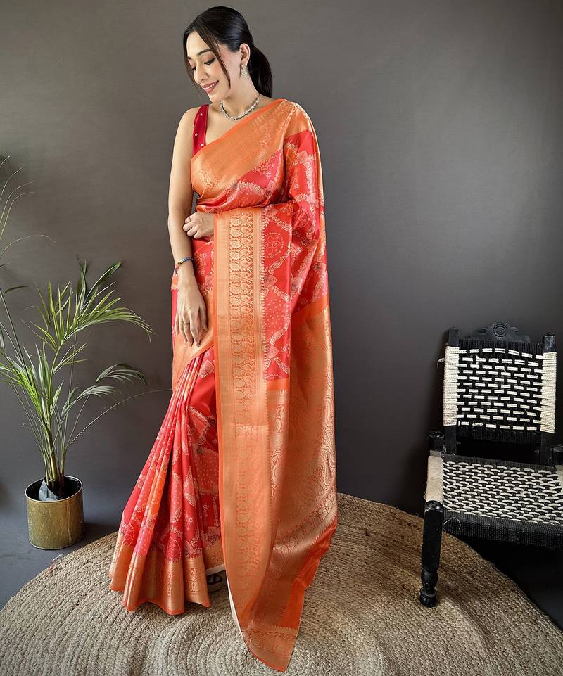 orange soft lichi silk blend orange rangcut jacquard weave saree with unstitched blouse