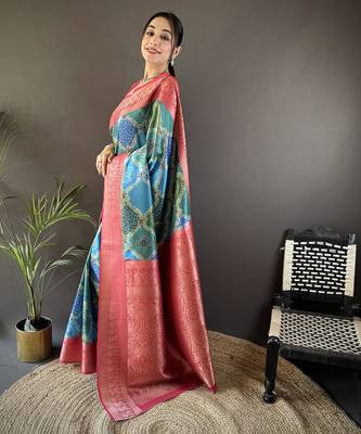 teal soft lichi silk blend blend teal rangcut jacquard weave saree with unstitched blouse 1