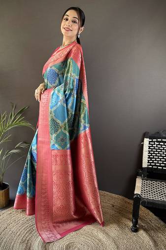teal soft lichi silk blend teal rangcut jacquard weave saree with unstitched blouse