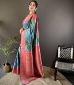 teal soft lichi silk blend teal rangcut jacquard weave saree with unstitched blouse