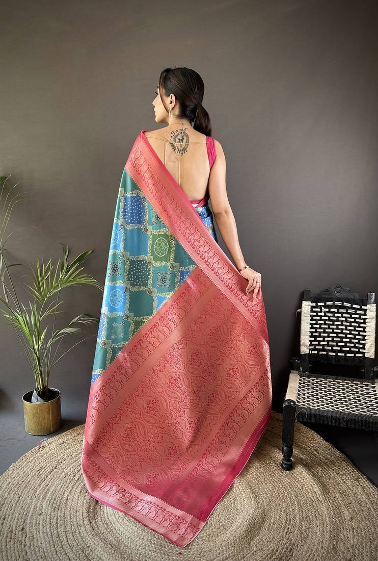 teal soft lichi silk blend teal rangcut jacquard weave saree with unstitched blouse