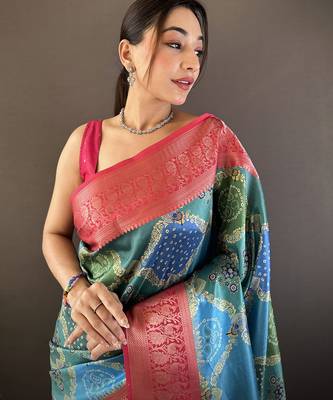 teal soft lichi silk blend blend teal rangcut jacquard weave saree with unstitched blouse 3