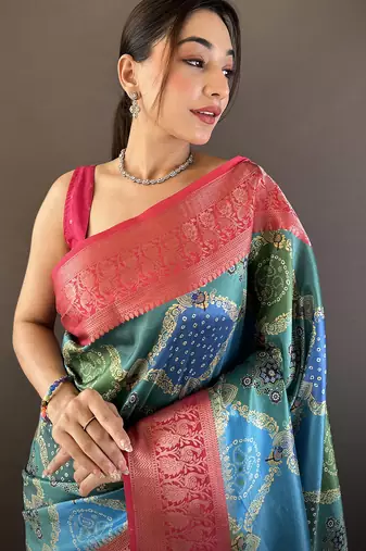 teal soft lichi silk blend blend teal rangcut jacquard weave saree with unstitched blouse
