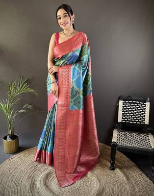 teal soft lichi silk blend blend teal rangcut jacquard weave saree with unstitched blouse 5