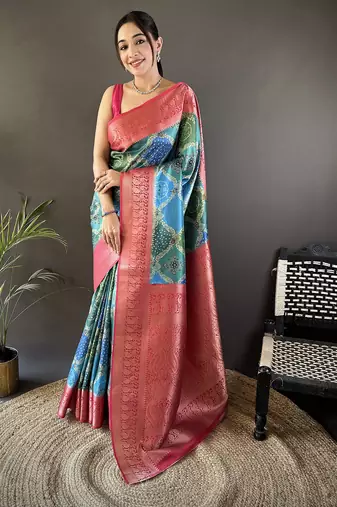 teal soft lichi silk blend blend teal rangcut jacquard weave saree with unstitched blouse