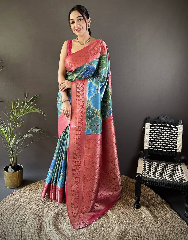 teal soft lichi silk blend teal rangcut jacquard weave saree with unstitched blouse