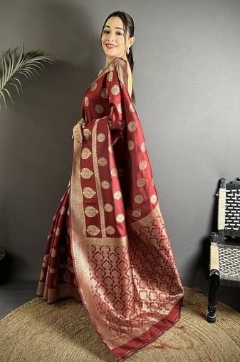 brown soft banarasi silk blend   chestnut brown jacquard weaving saree with unstitched blouse