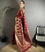 brown soft banarasi silk blend   chestnut brown jacquard weaving saree with unstitched blouse