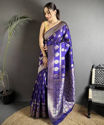 purple soft banarasi silk blend purple jacquard weaving saree with unstitched blouse 5