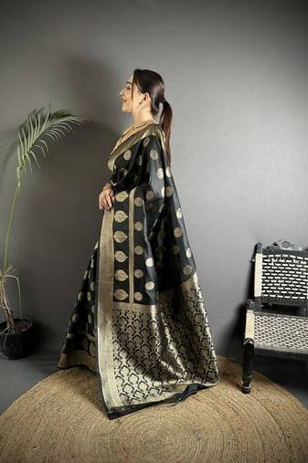 black soft banarasi silk blend black jacquard weaving saree with unstitched blouse