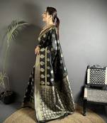 black soft banarasi silk blend black jacquard weaving saree with unstitched blouse