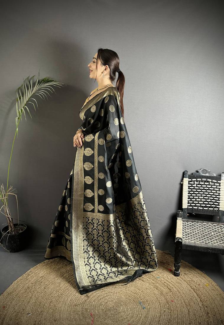 black soft banarasi silk blend black jacquard weaving saree with unstitched blouse