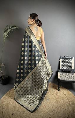 black soft banarasi silk blend black jacquard weaving saree with unstitched blouse 2