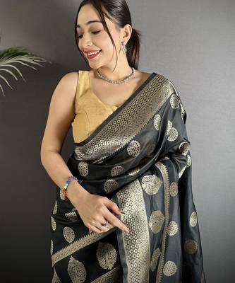 black soft banarasi silk blend black jacquard weaving saree with unstitched blouse 3