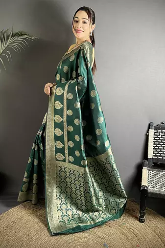 green soft banarasi silk blend green jacquard weaving saree with unstitched blouse