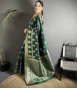 green soft banarasi silk blend green jacquard weaving saree with unstitched blouse