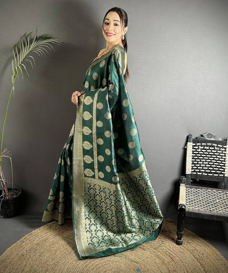 green soft banarasi silk blend green jacquard weaving saree with unstitched blouse