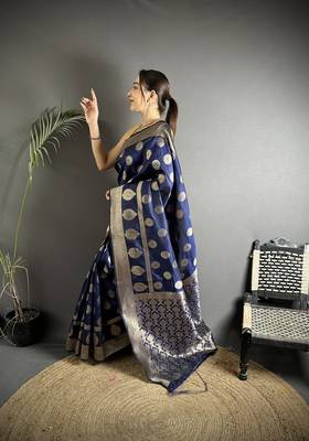 navy_blue soft banarasi silk blend navy blue jacquard weaving saree with unstitched blouse 1