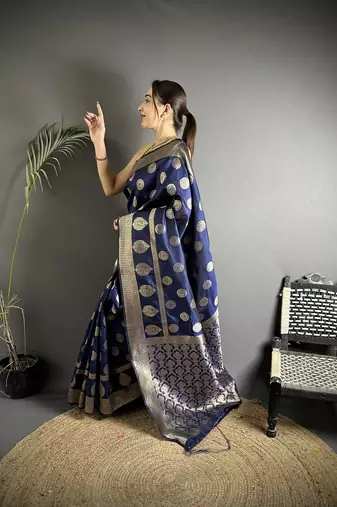 navy_blue soft banarasi silk blend navy blue jacquard weaving saree with unstitched blouse
