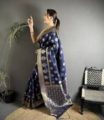 navy_blue soft banarasi silk blend navy blue jacquard weaving saree with unstitched blouse