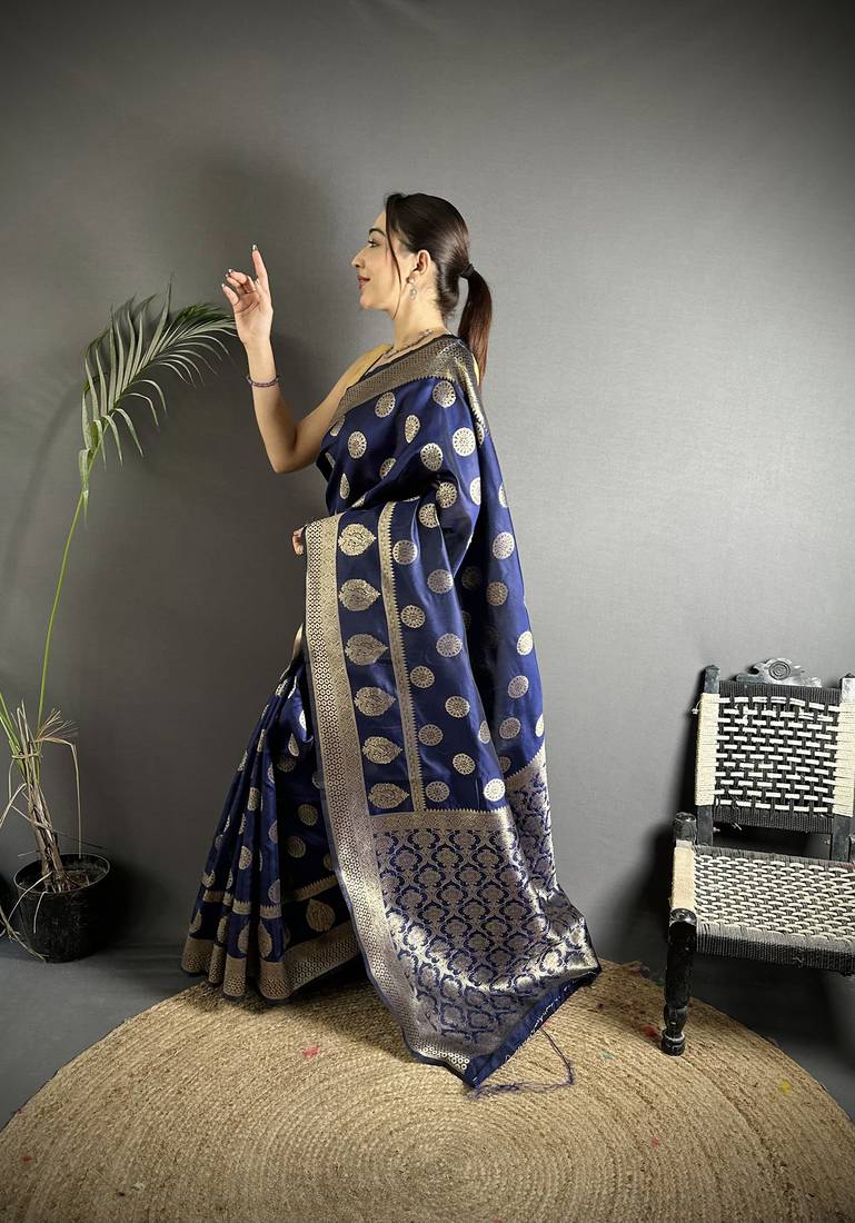 navy_blue soft banarasi silk blend navy blue jacquard weaving saree with unstitched blouse