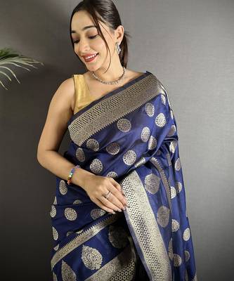 navy_blue soft banarasi silk blend navy blue jacquard weaving saree with unstitched blouse 3