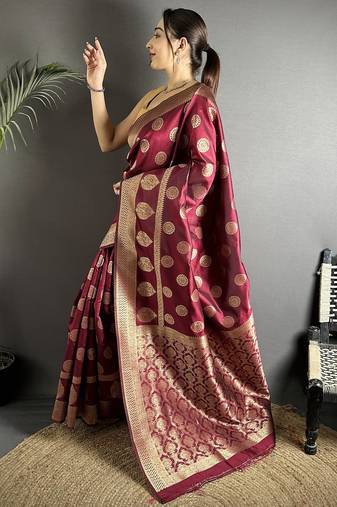 maroon soft banarasi silk blend maroon jacquard weaving saree with unstitched blouse