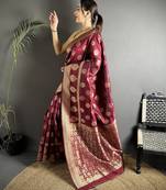 maroon soft banarasi silk blend maroon jacquard weaving saree with unstitched blouse
