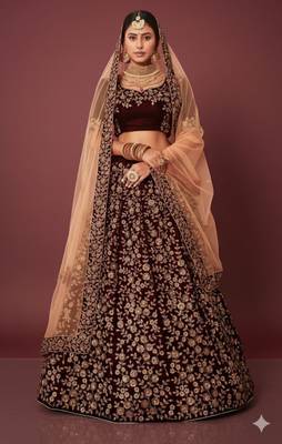 Maroon embroidered velvet semi stitched lehenga 1