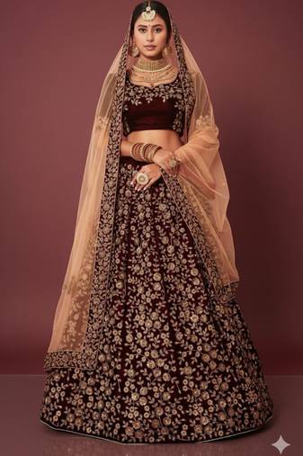 Maroon embroidered velvet semi stitched lehenga