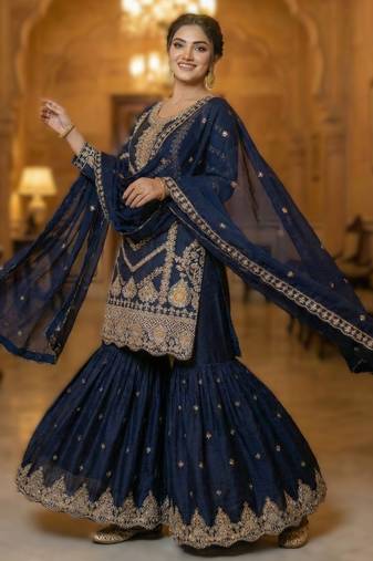 Navy blue embroidered chinon sharara set