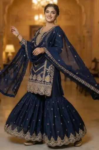 Navy blue embroidered chinon sharara set