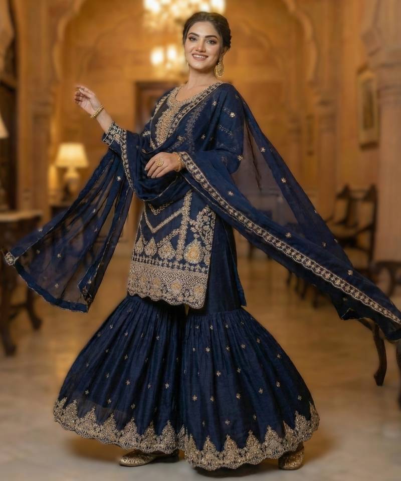Navy blue embroidered chinon sharara set