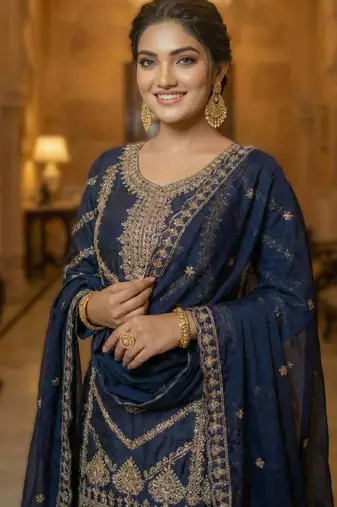 navy blue embroidered chinon sharara set
