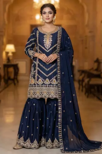 navy blue embroidered chinon sharara set