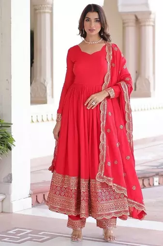 Red zari & sequins embroidered vichitra silk kurta , bottom & dupatta