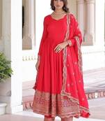 Red zari & sequins embroidered vichitra silk kurta , bottom & dupatta