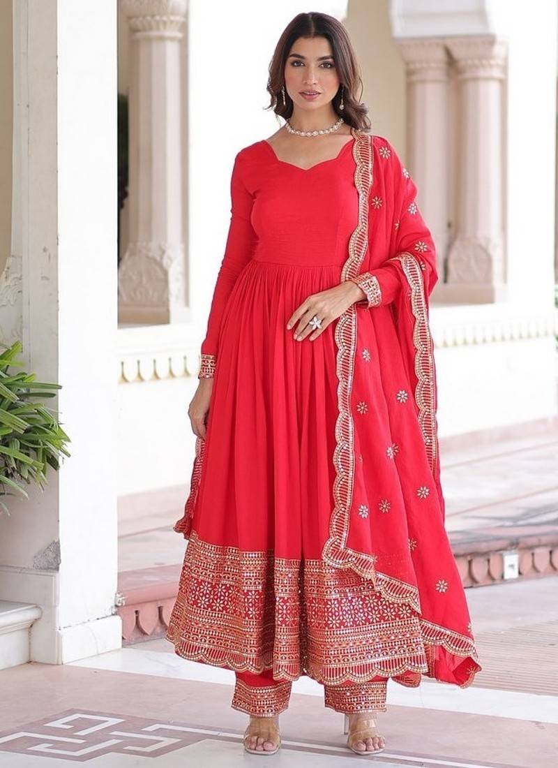 Red zari & sequins embroidered vichitra silk kurta , bottom & dupatta