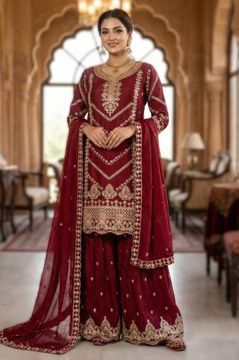 Maroon embroidered chinon sharara set