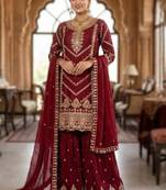 Maroon embroidered chinon sharara set
