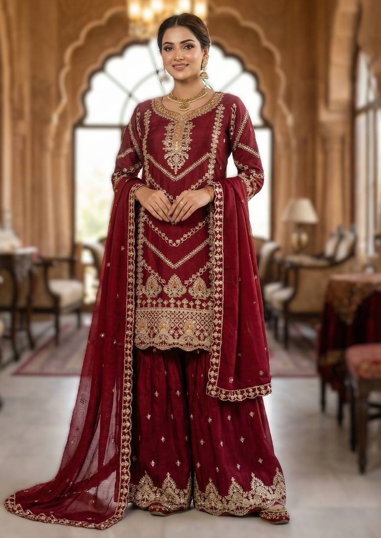 Maroon embroidered chinon sharara set