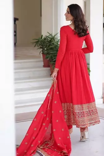 Red zari & sequins embroidered vichitra silk kurta , bottom & dupatta